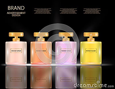 Glamorous perfume Square glass bottles on the sparkling effects background. Vector Illustration