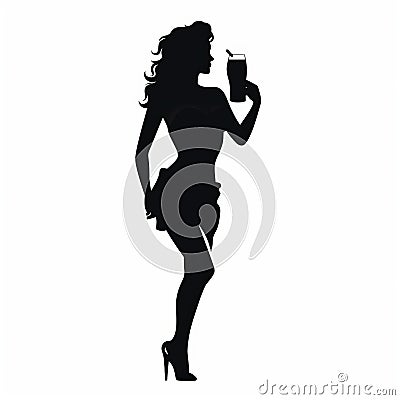 Glamorous Pin-up: Black Silhouette Woman Sipping Beer Stock Photo