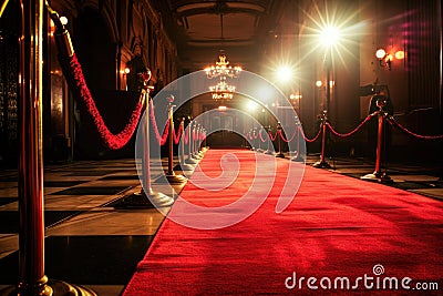 Glamorous Red Carpet Illuminated By Spotlights, Hosting Vip Occasions Stock Photo