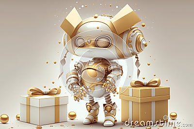 Glamorous Robot Presents A Gift In Sparkling Style! Stock Photo