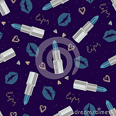 Glamorous seamless pattern with lipstick and kisses in cool silver tones. Cosmetic pattern in modern colors. Vector Illustration