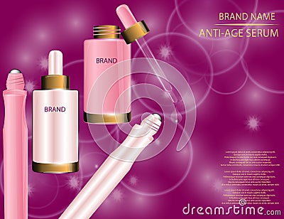 Glamorous Set of Collagen Premium Serum Container Template With Dropper and Eye Roll-on on the Sparkling Effects Background Vector Illustration