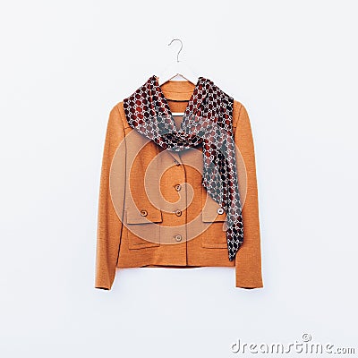 Glamorous vintage. Ladies jacket and scarf. Combination brown sh Stock Photo