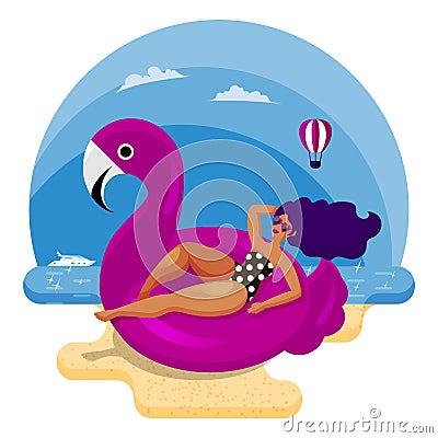 Glamorous young woman is resting and sunbathing in pink swimming circle in form of flamingo on sea beach Vector Illustration