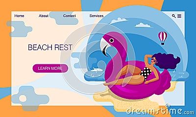 Glamorous young woman is resting and sunbathing in pink swimming flamingo. Concept of website, landing page design template Vector Illustration