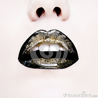 Glamour black gloss lips with sensuality gesture. Stock Photo