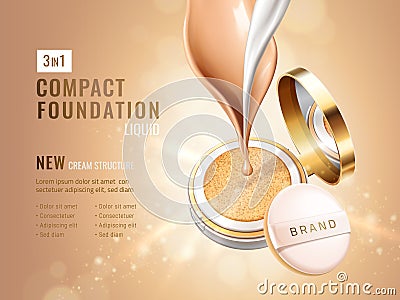 Glamour compact foundation ads. Cosmetic container with cushion. Cream flow and liquid texture on glitter bokeh Vector Illustration