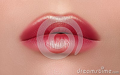 Glamour fashion bright red lips make-up with gold glitter. Macro of woman`s face part. Sexy lip makeup, luxury visage Stock Photo