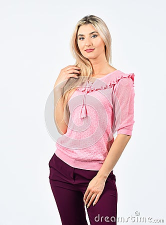 Glamour fashion collection. Femininity concept. Fashion model. Attractive blonde on white background. Shopping on black Stock Photo