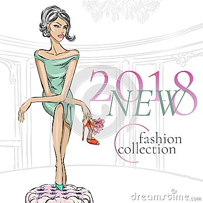 Glamour fashion girl with beauty high heel shoes in boutique or closet. Shoes shopping, luxury fashion woman, vector illustration Cartoon Illustration