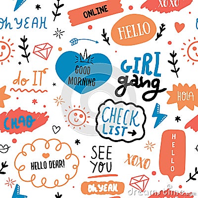 Glamour fashion seamless pattern with quotes, girl gang, hearts. Girlish print for clothes, textiles, wrapping paper Vector Illustration