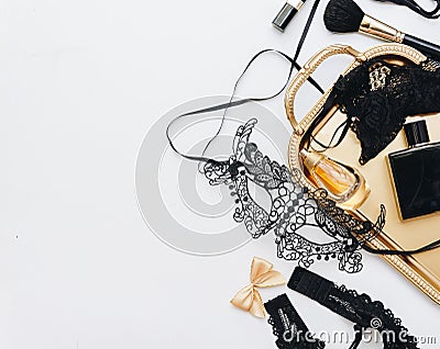 Glamour Female accessories on gold tray. Stock Photo