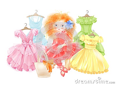 Glamour girl and set of festive dresses Vector Illustration