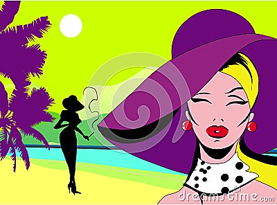 Glamour lady on seacoast pop-art Vector Illustration