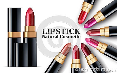 Glamour lipstick ads lipstick in different color tones isolated on white background. Package Design Promotion Product Cosmetics Vector Illustration