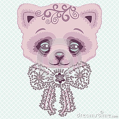 Glamour pink cat toy with a bow of rhinestones and crystals. Print for t-shirt. Vector Illustration