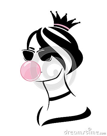 Glamour princess girl in sunglasses and crown with pink bubble gum vector portrait Vector Illustration