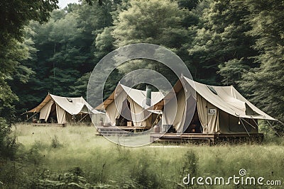 nature canvas luxury vacation tent camping glamping light travel forest. Generative AI. Stock Photo