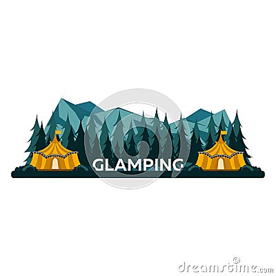 Glamping. Glamor camping. Campfire. Pine forest and rocky mountains. Evening Camp. Stock Photo