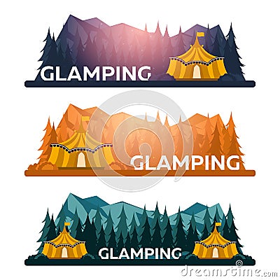 Glamping. Glamor camping. Campfire. Pine forest and rocky mountains. Evening Camp. Stock Photo