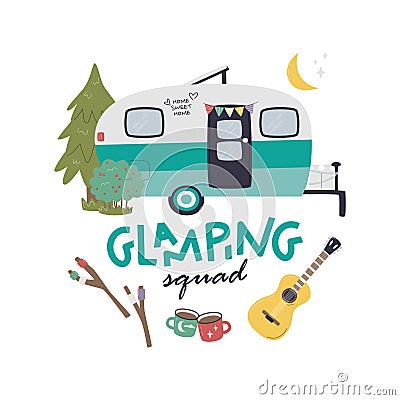 Glamping vintage trailer concept with lettering Vector Illustration