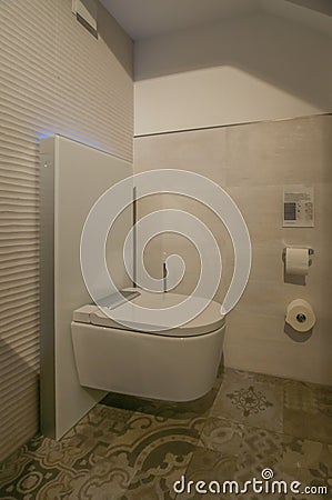 Glance into a toilet with a shower toilet and matching accessories Stock Photo