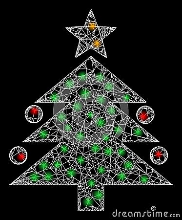 Bright Web Mesh Christmas Tree with Lightspots Vector Illustration