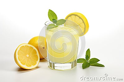 a glas of fresh lemon juice with ice cubes and mint leaves Stock Photo