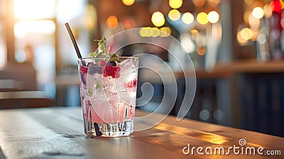 a Glas with gin and wildberry on a table in a bar Stock Photo