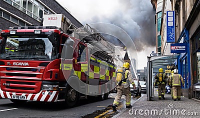 Glasgow, Scotland - United Kingdom, March 22, 2018: Large fire in the Glasgow city center at Sauchiehall Street in Glasgow, United Editorial Stock Photo