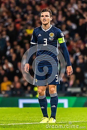 Scotland national football team captain Andrew Robertson during UEFA Euro 2020 qualification match Scotland vs Russia in Glasgow Editorial Stock Photo