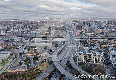 Glasgow, UK, January 14th 2024, Aerial view of the Kingston Bridge over the River Clyde and M8, M74 Motorway Editorial Stock Photo