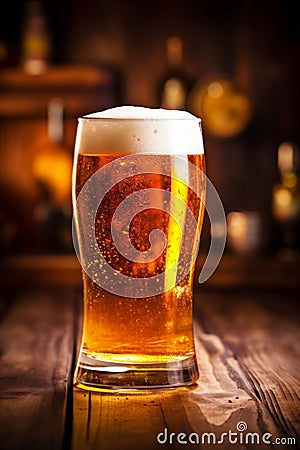 glass alcohol drink pub beer beverage pint gold foam lager. Generative AI. Stock Photo