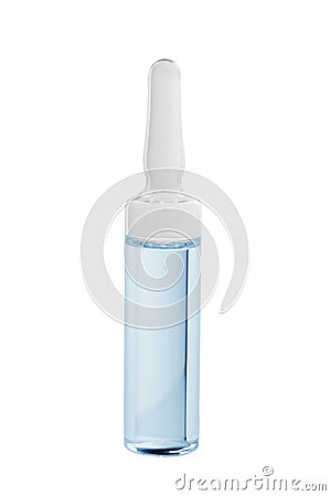 Glass ampoule with a medicine or vaccine in blue on a white background, close-up Stock Photo