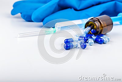 glass ampoules, injection and latex gloves Stock Photo