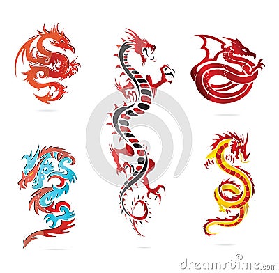 Glass asia hot dragon colored sign set Vector Illustration