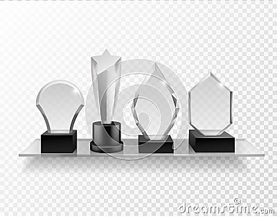 Glass award on shelf. Realistic different champion prizes on glass shelving, winner trophy shiny glass awards, sport Vector Illustration
