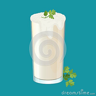 Glass of ayran with dill and parsley herbs on white. Vector Illustration