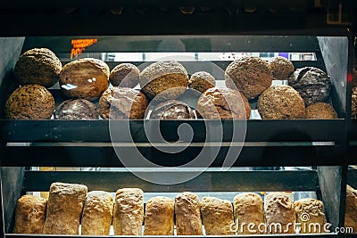 Glass bakery showcase with shelves Stock Photo