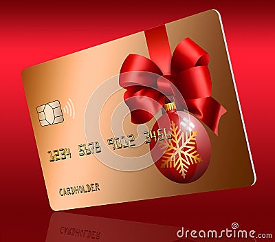 A glass ball Christmas ornament and a red ribbon and bow decorate a generic mock holiday credit card i Cartoon Illustration