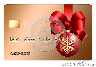 A glass ball Christmas ornament and a red ribbon and bow decorate a generic mock holiday credit card i Cartoon Illustration