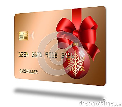 A glass ball Christmas ornament and a red ribbon and bow decorate a generic mock holiday credit card i Cartoon Illustration