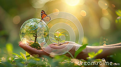 Growing a sustainable future: a hand holding a glass ball with a tree inside and a small plant, symbolizing the delicate balance Stock Photo
