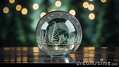 Glass ball with a craft in the form of a coniferous forest on a blurred green background Stock Photo