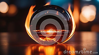 glass ball on the floor A flaming sphere surrounded by a ring of fire Stock Photo