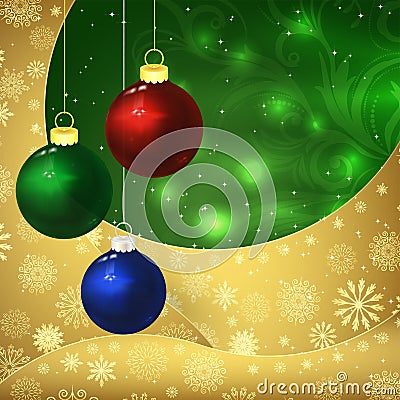 Glass balls, golden snowflakes and frosty patterns on a green background. Christmas background Vector Illustration