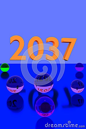 Glass balls on reflective surface and the year 2037 Stock Photo