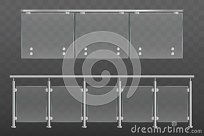 Glass balustrade with metal handrails set isolated Vector Illustration