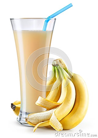 Glass of banana juice with fruit isolated on white. Stock Photo