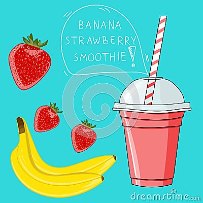 Glass with banana strawberry smoothie. Natural bio drink, health Cartoon Illustration